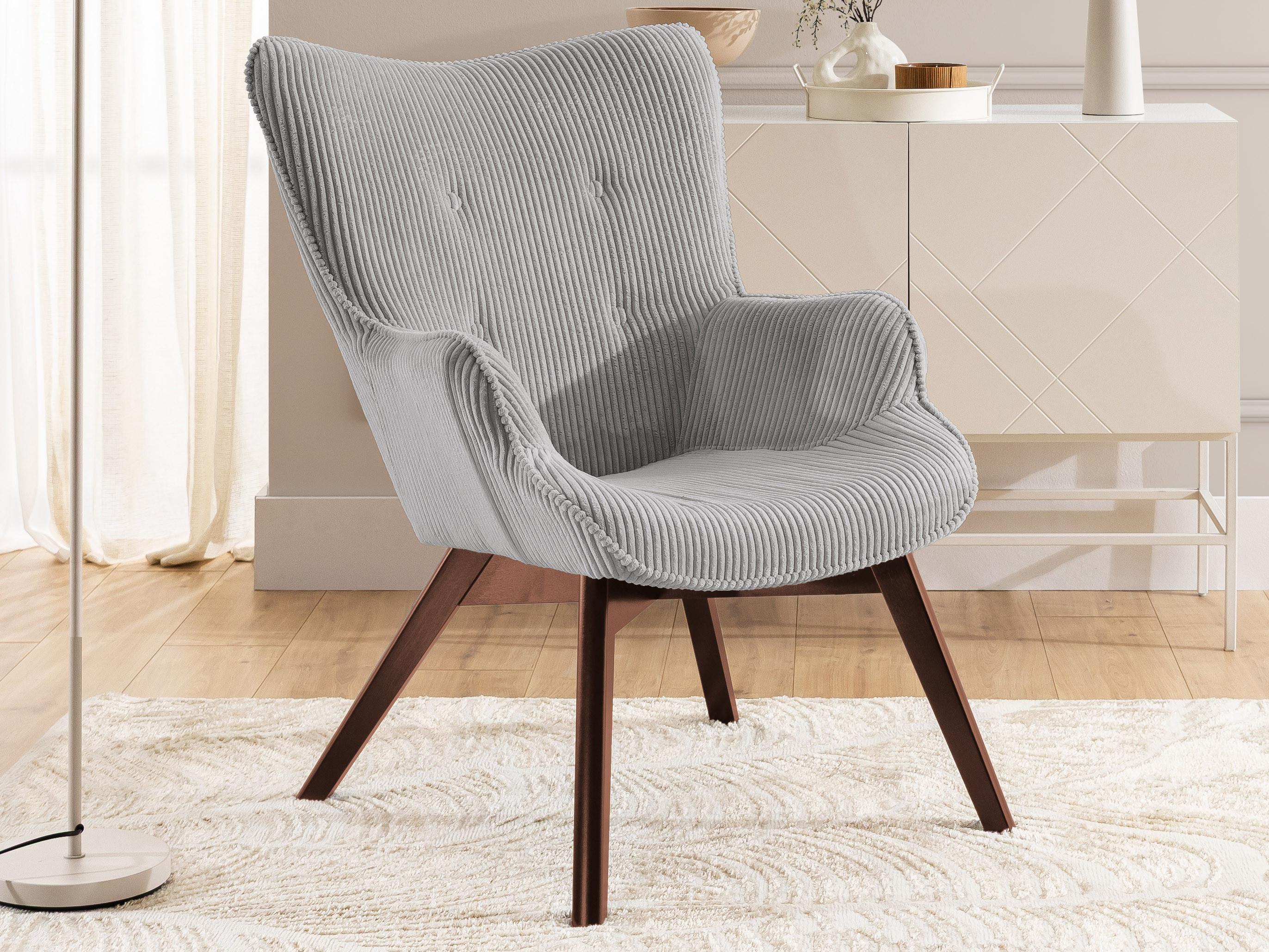 wohnli-moebel-suche-800001088399-1 LOUNGESESSEL Lenari Hellgrau Cordstoff mit Füßen in Braun Textil S-Style Möbel Möbel > Sessel > Polstersessel Grau