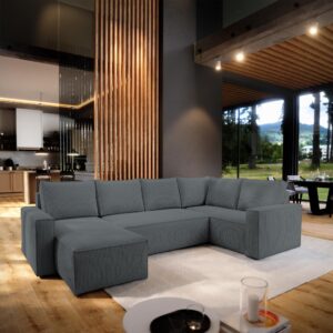 WOHNLANDSCHAFT NORENA R-S Grau Kordstoff mit Schlaffunktion Holz MASSENO Möbel > Sofas & Couches > Wohnlandschaften > Wohnlandschaften U-Form Grau