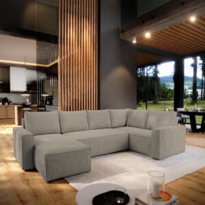 WOHNLANDSCHAFT NORENA R-S Beige Kordstoff mit Schlaffunktion Holz MASSENO Möbel > Sofas & Couches > Wohnlandschaften > Wohnlandschaften U-Form Beige