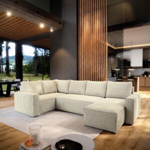 wohnli-moebel-suche-800001094122-1 WOHNLANDSCHAFT NORENA L-S Creme Kordstoff mit Schlaffunktion Holz MASSENO Möbel > Sofas & Couches > Wohnlandschaften > Wohnlandschaften U-Form Weiß