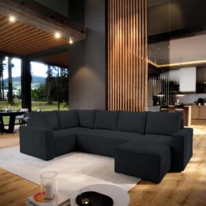 WOHNLANDSCHAFT NORENA L-S Schwarz Kordstoff mit Schlaffunktion Holz MASSENO Möbel > Sofas & Couches > Wohnlandschaften > Wohnlandschaften U-Form Schwarz