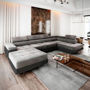 WOHNLANDSCHAFT CASONE R-S Hellgrau Velours-Stoff mit Schlaffunktion Textil MASSENO Möbel > Sofas & Couches > Wohnlandschaften > Wohnlandschaften U-Form Grau