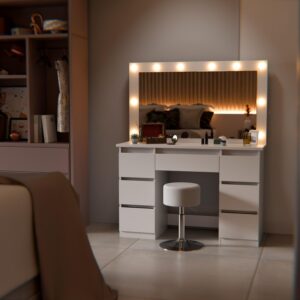 wohnli-moebel-suche-800001098386-1 SCHMINKTISCH Lilia weiß mit LED-Beleuchtung und Hocker Tonia Holz Juskys Möbel > Tische > Schminktische Weiß