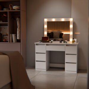 SCHMINKTISCH Talea mit LED (3 Lichtstufen) Holz Juskys Möbel > Tische > Schminktische Weiß