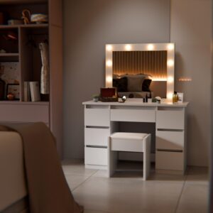 wohnli-moebel-suche-800001098396-1 SCHMINKTISCH Talea mit LED (3 Lichtstufen) inkl Hocker Melly Holz Juskys Möbel > Tische > Schminktische Weiß
