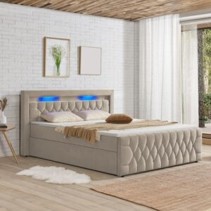 BOXBETT Leona Beige Samt 140x200 cm Textil Juskys Möbel > Betten > Boxspringbetten Beige