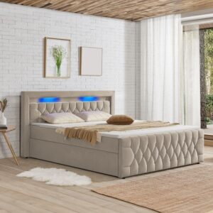 wohnli-moebel-suche-800001098636-1 BOXBETT Leona Beige Samt 180x200 cm Textil Juskys Möbel > Betten > Boxspringbetten Beige