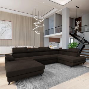 WOHNLANDSCHAFT RUBANO R-S Braun Velours-Stoff mit Schlaffunktion Holz MASSENO Möbel > Sofas & Couches > Wohnlandschaften > Wohnlandschaften U-Form Braun