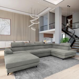wohnli-moebel-suche-800001100173-1 WOHNLANDSCHAFT RUBANO R-S Hellgrau Velours-Stoff mit Schlaffunktion Holz MASSENO Möbel > Sofas & Couches > Wohnlandschaften > Wohnlandschaften U-Form Grau