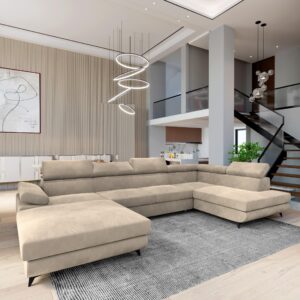 wohnli-moebel-suche-800001100185-1 WOHNLANDSCHAFT RUBANO R-S Creme Velours-Stoff mit Schlaffunktion Holz MASSENO Möbel > Sofas & Couches > Wohnlandschaften > Wohnlandschaften U-Form Weiß