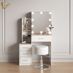 wohnli-moebel-suche-800001107281-1 SCHMINKTISCH Loreta Weiß/Sonoma mit LED Beleuchtung und Hocker Holzwerkstoff Livinity® Möbel > Tische > Schminktische Weiß