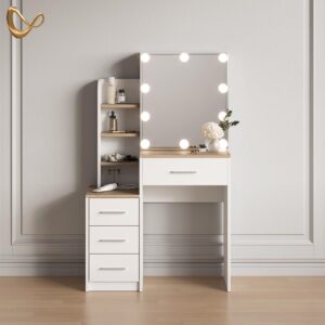 wohnli-moebel-suche-800001107283-1 SCHMINKTISCH Loreta Weiß/Sonoma 80 cm mit LED Beleuchtung Holzwerkstoff Livinity® Möbel > Tische > Schminktische Weiß