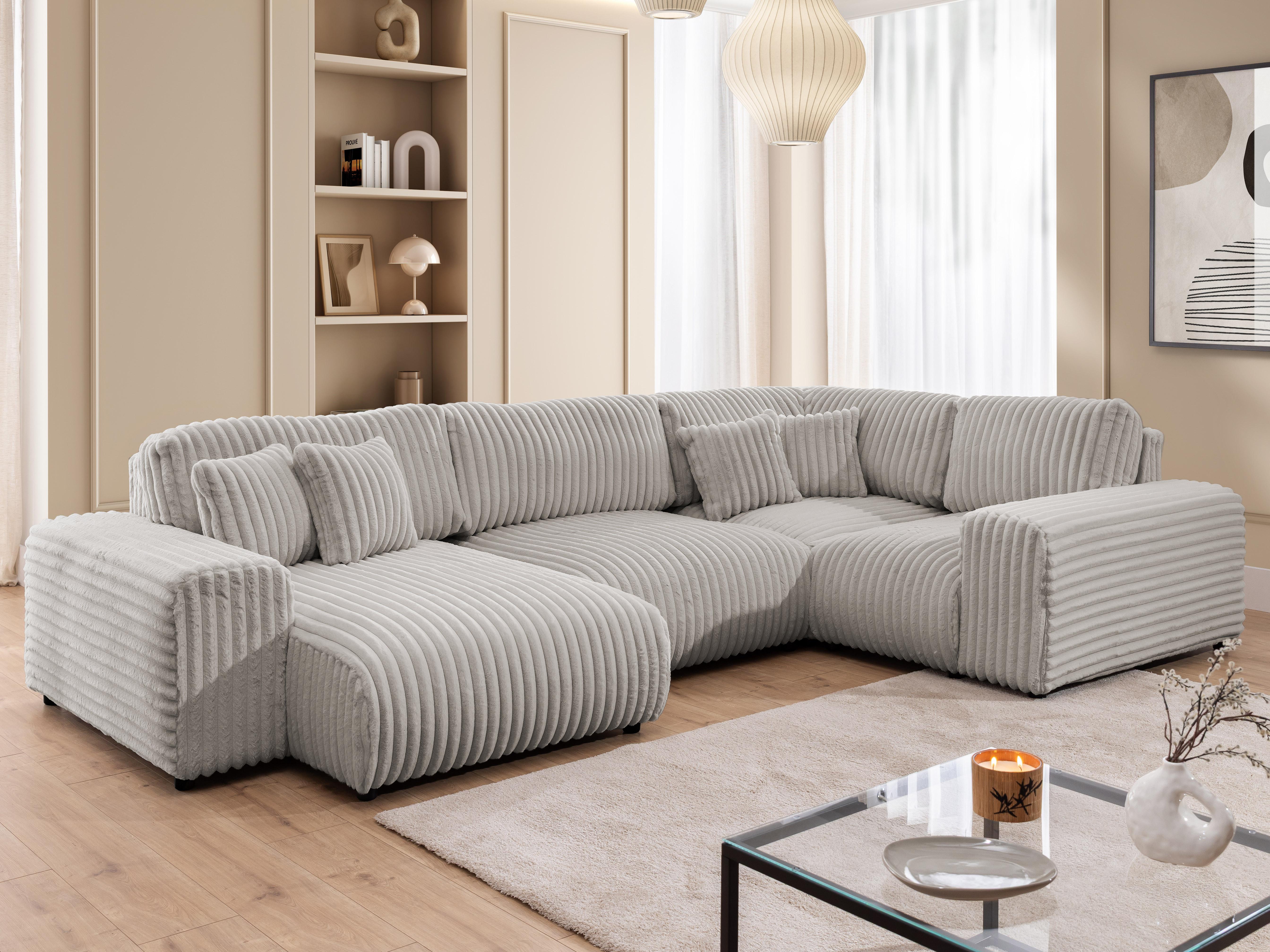 wohnli-moebel-suche-800001109140-1 WOHNLANDSCHAFT Mollis Hellgrau Plüschcord im XXL-Format - Ottomane Links Textil S-Style Möbel Möbel > Sofas & Couches > Wohnlandschaften > Wohnlandschaften U-Form Grau