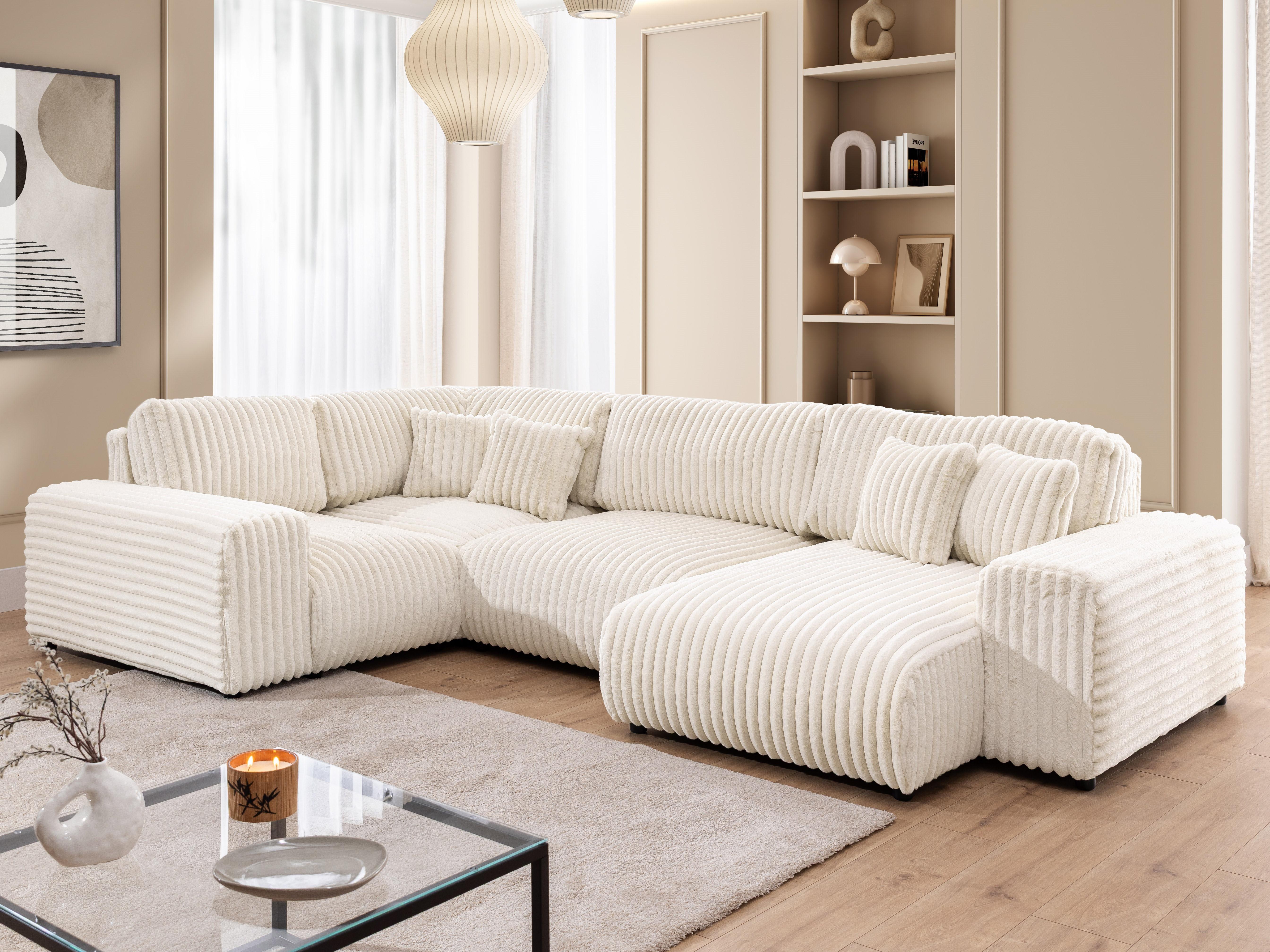WOHNLANDSCHAFT Mollis Hellbeige Plüschcord im XXL-Format - Ottomane Rechts Textil S-Style Möbel Möbel > Sofas & Couches > Wohnlandschaften > Wohnlandschaften U-Form Beige