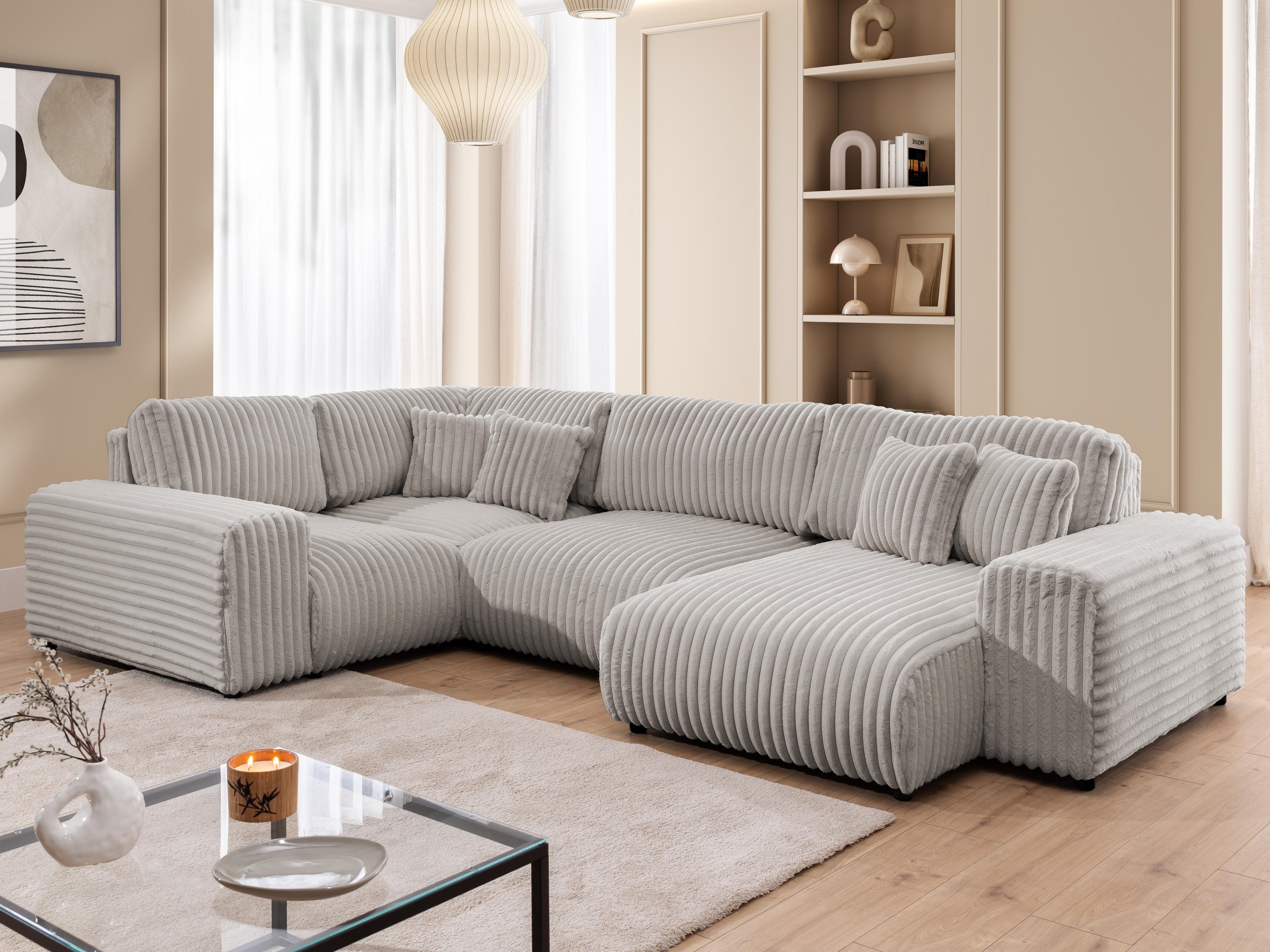 wohnli-moebel-suche-800001109142-1 WOHNLANDSCHAFT Mollis Hellgrau Plüschcord im XXL-Format - Ottomane Rechts Textil S-Style Möbel Möbel > Sofas & Couches > Wohnlandschaften > Wohnlandschaften U-Form Grau