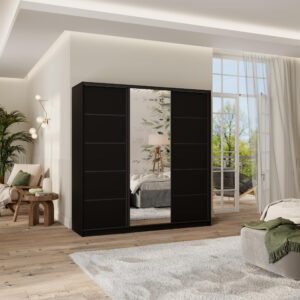 wohnli-moebel-suche-800001109196-1 SCHWEBETÜRENSCHRANK PINA 180/205/58 cm 3-türig mit Spiegel und Schubladen Schwarz Holzwerkstoff MASSENO Möbel > Schränke > Kleiderschränke > Schwebetürenschränke Schwarz
