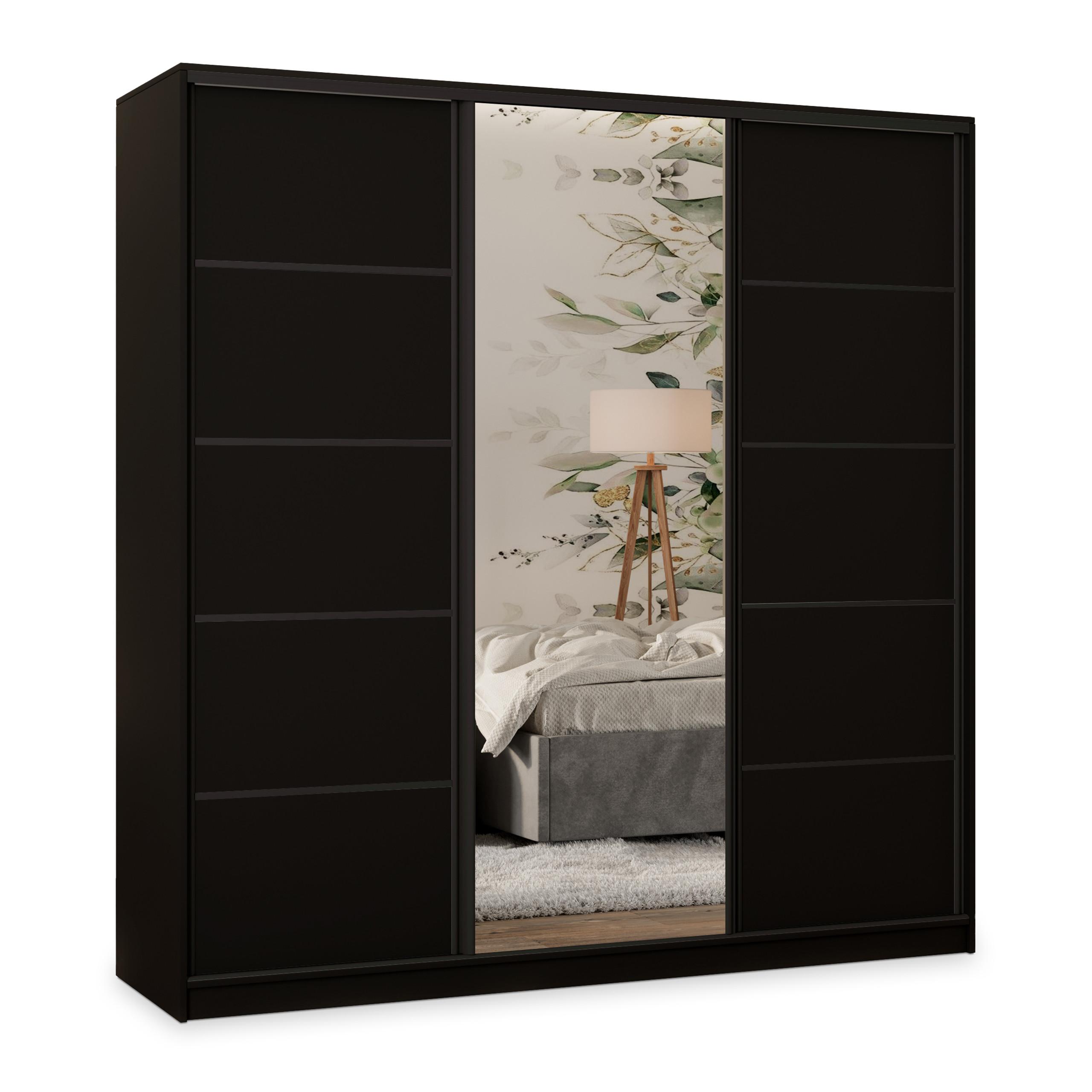 wohnli-moebel-suche-800001109196 Wohnli Möbelsuche - SCHWEBETÜRENSCHRANK PINA 180/205/58 cm 3-türig mit Spiegel und Schubladen Schwarz