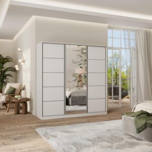 wohnli-moebel-suche-800001109202-1 SCHWEBETÜRENSCHRANK PINA 180/205/58 cm 3-türig mit Spiegel und Schubladen Weiß Holzwerkstoff MASSENO Möbel > Schränke > Kleiderschränke > Schwebetürenschränke Weiß