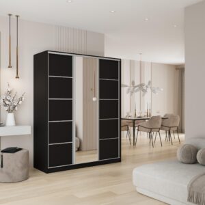 wohnli-moebel-suche-800001109209-1 SCHWEBETÜRENSCHRANK PINA 150/205/58 cm 3-türig mit Spiegel und Schubladen Schwarz Holzwerkstoff MASSENO Möbel > Schränke > Kleiderschränke > Schwebetürenschränke Schwarz