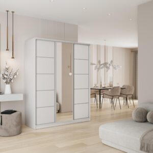 wohnli-moebel-suche-800001109217-1 SCHWEBETÜRENSCHRANK PINA 150/205/58 cm 3-türig mit Spiegel und Schubladen Weiß Holzwerkstoff MASSENO Möbel > Schränke > Kleiderschränke > Schwebetürenschränke Weiß