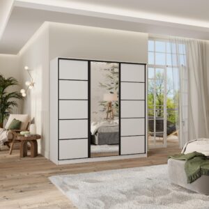 wohnli-moebel-suche-800001109262-1 SCHWEBETÜRENSCHRANK PINA 180/205/58 cm 3-türig mit Spiegel und Schubladen Weiß Holzwerkstoff MASSENO Möbel > Schränke > Kleiderschränke > Schwebetürenschränke Weiß