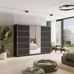 wohnli-moebel-suche-800001109292-1 SCHWEBETÜRENSCHRANK PINA 250/205/58 cm 3-türig mit Spiegel und Schubladen Schwarz Holzwerkstoff MASSENO Möbel > Schränke > Kleiderschränke > Schwebetürenschränke Schwarz
