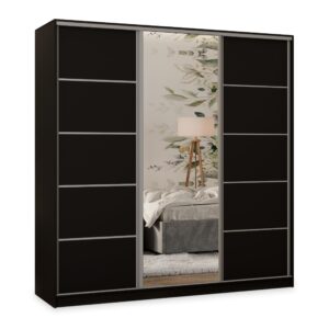 wohnli-moebel-suche-800001109303 Wohnli Möbelsuche - SCHWEBETÜRENSCHRANK PINA 180/205/58 cm 3-türig mit Spiegel und Schubladen Schwarz