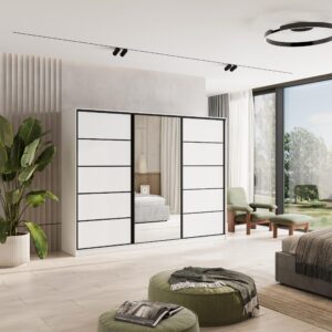 wohnli-moebel-suche-800001109320-1 SCHWEBETÜRENSCHRANK PINA 250/205/58 cm 3-türig mit Spiegel und Schubladen Weiß Holzwerkstoff MASSENO Möbel > Schränke > Kleiderschränke > Schwebetürenschränke Weiß