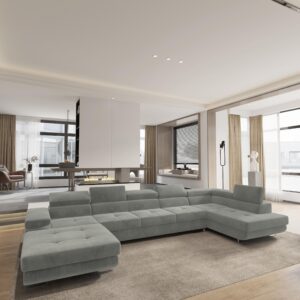 wohnli-moebel-suche-800001109425-1 WOHNLANDSCHAFT TORIVA R-S Hellgrau Velours-Stoff mit Schlaffunktion Holz MASSENO Möbel > Sofas & Couches > Wohnlandschaften > Wohnlandschaften U-Form Grau