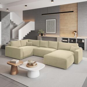 WOHNLANDSCHAFT VELAMI L-S Creme Velours-Stoff mit Schlaffunktion Holz MASSENO Möbel > Sofas & Couches > Wohnlandschaften > Wohnlandschaften U-Form Weiß
