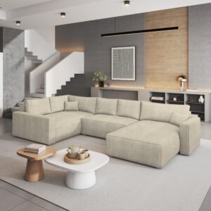 wohnli-moebel-suche-800001117154-1 WOHNLANDSCHAFT VELAMI L-S Creme Kordstoff mit Schlaffunktion Holz MASSENO Möbel > Sofas & Couches > Wohnlandschaften > Wohnlandschaften U-Form Weiß