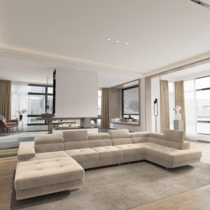 wohnli-moebel-suche-800001117172-1 WOHNLANDSCHAFT VELORA R-S Creme Velours-Stoff mit Schlaffunktion Holz MASSENO Möbel > Sofas & Couches > Wohnlandschaften > Wohnlandschaften U-Form Weiß