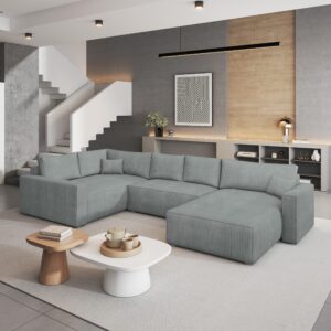 WOHNLANDSCHAFT VELAMI L-S Hellgrau Kordstoff mit Schlaffunktion Holz MASSENO Möbel > Sofas & Couches > Wohnlandschaften > Wohnlandschaften U-Form Grau