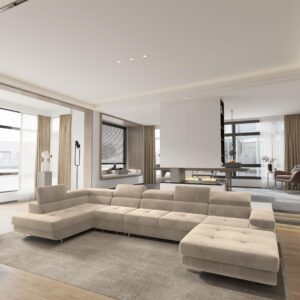wohnli-moebel-suche-800001117175-1 WOHNLANDSCHAFT VELORA L-S Creme Velours-Stoff mit Schlaffunktion Holz MASSENO Möbel > Sofas & Couches > Wohnlandschaften > Wohnlandschaften U-Form Weiß
