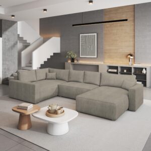 wohnli-moebel-suche-800001117181-1 WOHNLANDSCHAFT VELAMI L-S Beige Kordstoff mit Schlaffunktion Holz MASSENO Möbel > Sofas & Couches > Wohnlandschaften > Wohnlandschaften U-Form Beige