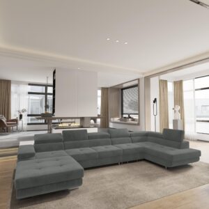 wohnli-moebel-suche-800001117185-1 WOHNLANDSCHAFT VELORA R-S Grau Velours-Stoff mit Schlaffunktion Holz MASSENO Möbel > Sofas & Couches > Wohnlandschaften > Wohnlandschaften U-Form Grau