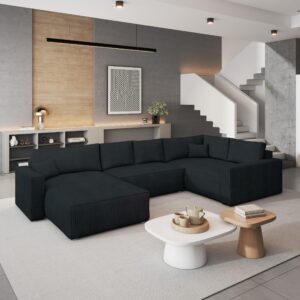 WOHNLANDSCHAFT VELAMI R-S Schwarz Kordstoff mit Schlaffunktion Holz MASSENO Möbel > Sofas & Couches > Wohnlandschaften > Wohnlandschaften U-Form Schwarz