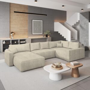 WOHNLANDSCHAFT VELAMI R-S Creme Kordstoff mit Schlaffunktion Holz MASSENO Möbel > Sofas & Couches > Wohnlandschaften > Wohnlandschaften U-Form Weiß