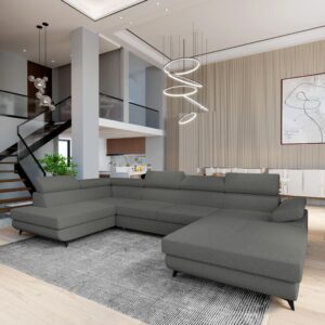WOHNLANDSCHAFT RUBANO L-S Grau Boucle-Stoff mit Schlaffunktion Holz MASSENO Möbel > Sofas & Couches > Wohnlandschaften > Wohnlandschaften U-Form Grau