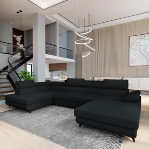 wohnli-moebel-suche-800001122537-1 WOHNLANDSCHAFT RUBANO L-S Schwarz Boucle-Stoff mit Schlaffunktion Holz MASSENO Möbel > Sofas & Couches > Wohnlandschaften > Wohnlandschaften U-Form Schwarz