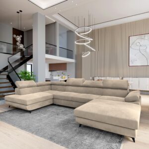 wohnli-moebel-suche-800001122593-1 WOHNLANDSCHAFT RUBANO L-S Creme Velours-Stoff mit Schlaffunktion Holz MASSENO Möbel > Sofas & Couches > Wohnlandschaften > Wohnlandschaften U-Form Weiß