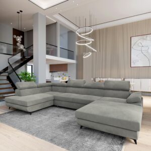 wohnli-moebel-suche-800001122619-1 WOHNLANDSCHAFT RUBANO L-S Hellgrau Velours-Stoff mit Schlaffunktion Holz MASSENO Möbel > Sofas & Couches > Wohnlandschaften > Wohnlandschaften U-Form Grau