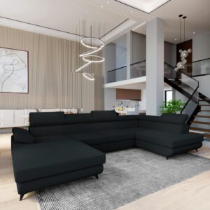 WOHNLANDSCHAFT RUBANO R-S Schwarz Boucle-Stoff mit Schlaffunktion Holz MASSENO Möbel > Sofas & Couches > Wohnlandschaften > Wohnlandschaften U-Form Schwarz