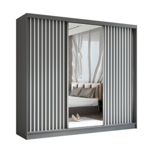 wohnli-moebel-suche-800001124106 Wohnli Möbelsuche - SCHWEBETÜRENSCHRANK Cabinio Grau Weiß 240/216/61 cm – mit Spiegel und Lamellen