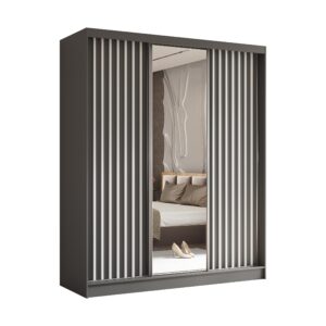 wohnli-moebel-suche-800001124117 Wohnli Möbelsuche - SCHWEBETÜRENSCHRANK Cabinio Grau Weiß 180/216/61 cm – mit Spiegel und Lamellen