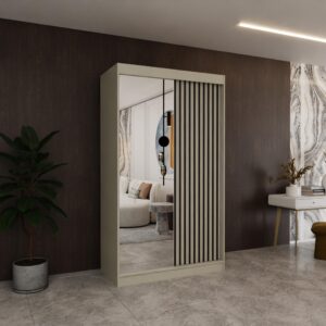 SCHWEBETÜRENSCHRANK Cabinio Beige 120/216/61 cm – mit Spiegel und Lamellen Holzwerkstoff AX Living Möbel > Schränke > Kleiderschränke > Schwebetürenschränke Beige