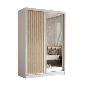 wohnli-moebel-suche-800001124206 Wohnli Möbelsuche - SCHWEBETÜRENSCHRANK Cabinio Weiß Eiche Artisan 150/216/61 cm – mit Spiegel und Lamellen