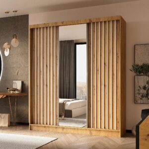 wohnli-moebel-suche-800001124225-1 SCHWEBETÜRENSCHRANK Cabinio Eiche Artisan Weiß 180/216/61 cm – mit Spiegel und Lamellen Holzwerkstoff AX Living Möbel > Schränke > Kleiderschränke > Schwebetürenschränke Braun