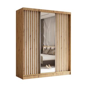 wohnli-moebel-suche-800001124225 Wohnli Möbelsuche - SCHWEBETÜRENSCHRANK Cabinio Eiche Artisan Weiß 180/216/61 cm – mit Spiegel und Lamellen
