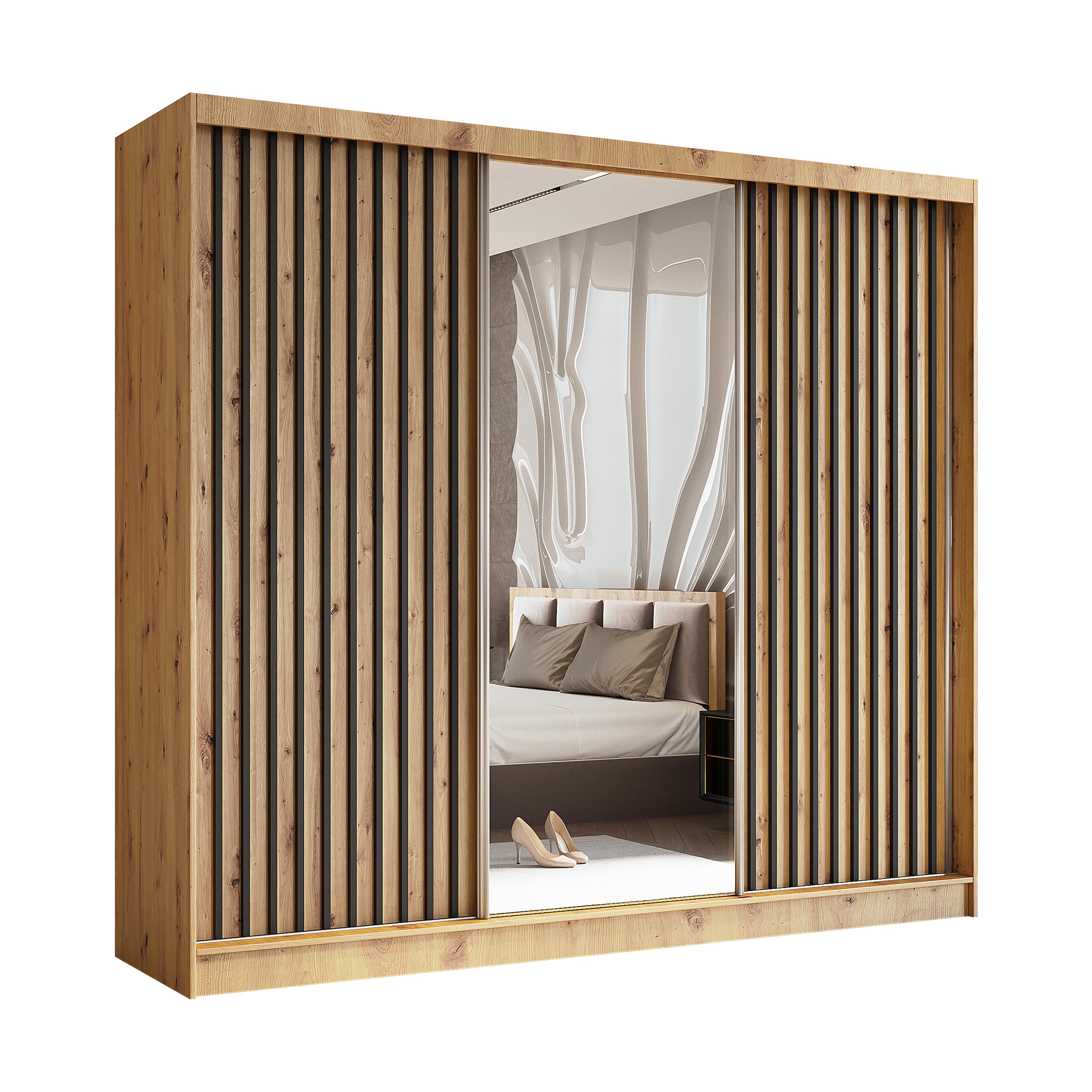 Wohnli Möbelsuche - SCHWEBETÜRENSCHRANK Cabinio Eiche Artisan Schwarz 240/216/61 cm – mit Spiegel und Lamellen